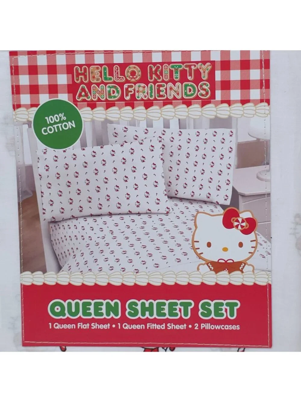 Hello Kitty & Friends Queen Sheet Set 100% Cotton Holiday Candy Canes Christmas